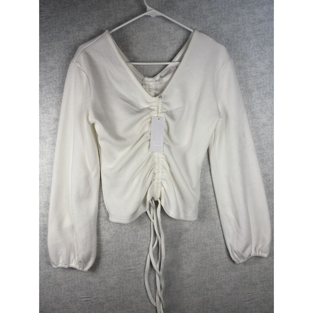 NWT Sage the Label Womens White Ribbed Cinched Front Long Sleeve Crop Top Medium